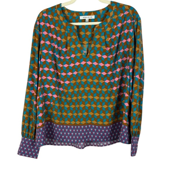 Rose & Olive Tops - Rose & Olive Vibrant Multicolor Geometric Long Sleeve Cuff Hem Detail Med Blouse